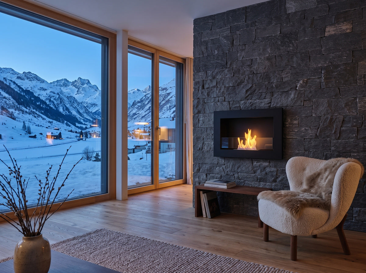 LUMINA Flammen 650 Slim – Bioethanol-Wandkamin in einer Wohnung in Andermatt zur blauen Stunde (Wohnbeispiel, Visualisierung)