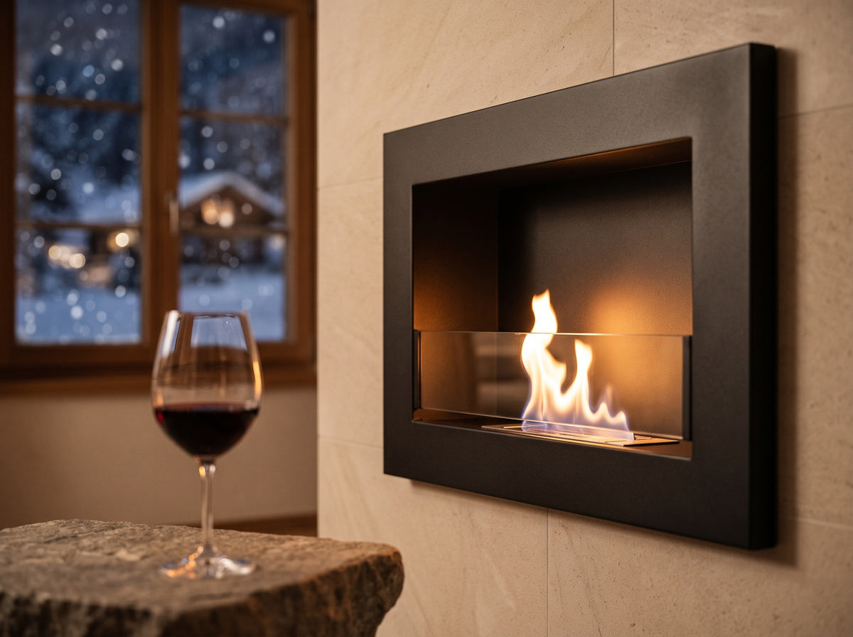 LUMINA Flammen 650 Slim – Detail an einem Winterabend (Wohnbeispiel, Visualisierung)
