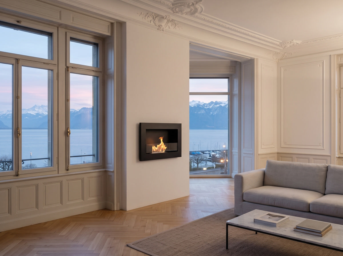 LUMINA Flammen 650 Slim – Bioethanol-Wandkamin in einer Belle-Époque-Wohnung in Lausanne-Ouchy am Genfersee (Wohnbeispiel, Visualisierung)