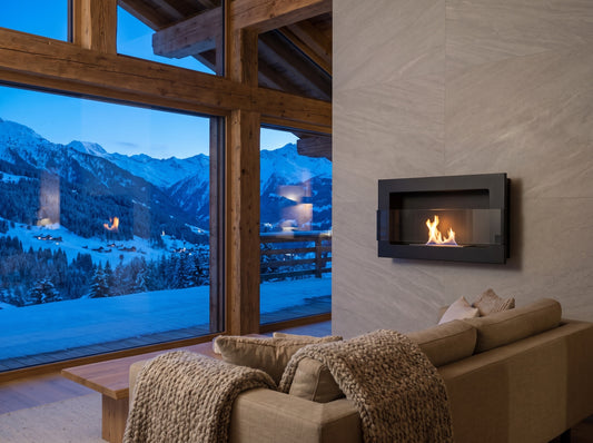 LUMINA Flammen 650 – Bioethanol-Wandkamin in einem Chalet in Verbier zur blauen Stunde (Wohnbeispiel, Visualisierung) – mit Glasscheibe – Schwarz strukturiert