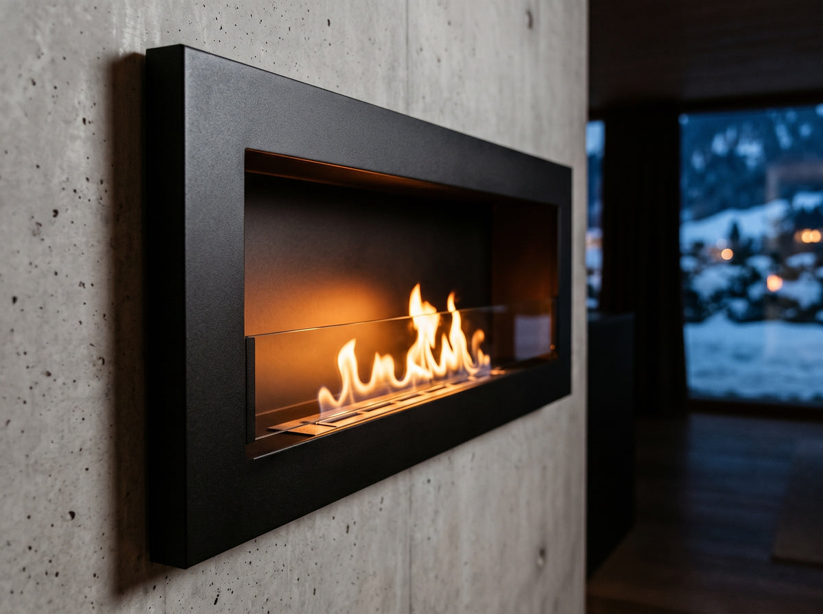 LUMINA Flammen 900 Slim – Detail an einem Winterabend (Wohnbeispiel, Visualisierung)