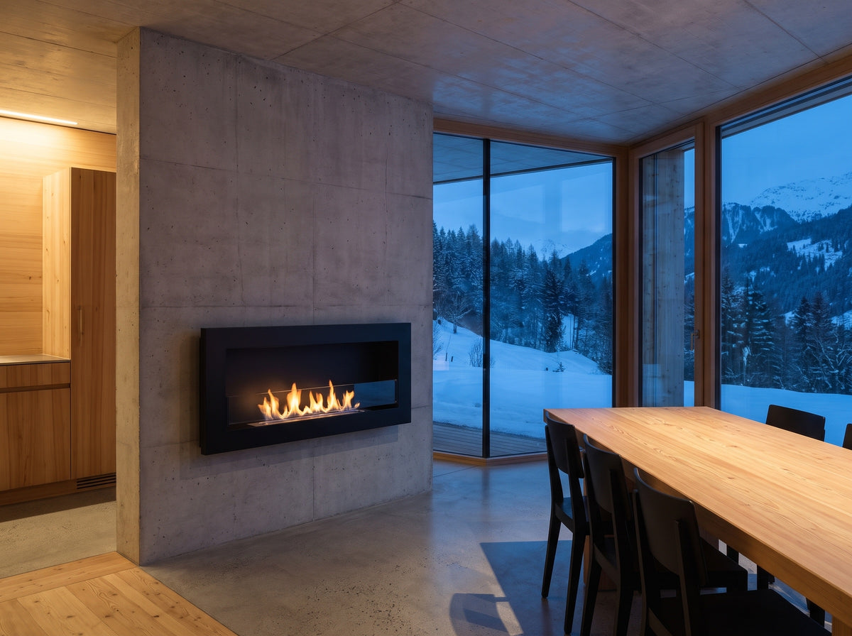 LUMINA Flammen 900 Slim – Bioethanol-Wandkamin in einem Architektenhaus bei Flims im Winter (Wohnbeispiel, Visualisierung)