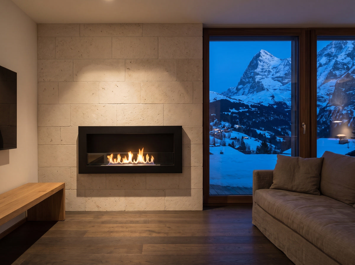 LUMINA Flammen 900 Slim – Bioethanol-Wandkamin in einem Chalet in Wengen im Winter (Wohnbeispiel, Visualisierung)
