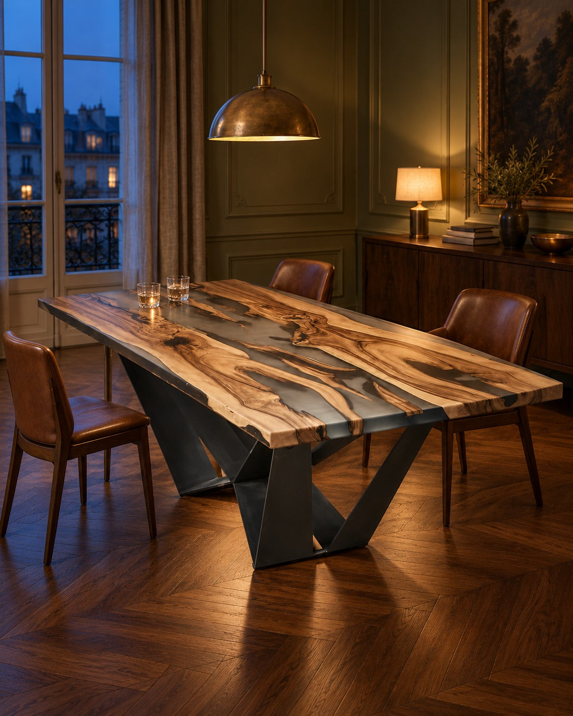 LUMINA Galaktika – Esstisch aus Nussbaum & Epoxidharz in einem Esszimmer am Abend (Wohnbeispiel, Visualisierung)