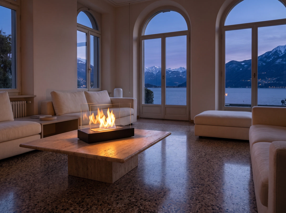 LUMINA Glow – Bioethanol-Tischkamin in einer Seevilla in Ascona am Lago Maggiore (Wohnbeispiel, Visualisierung)