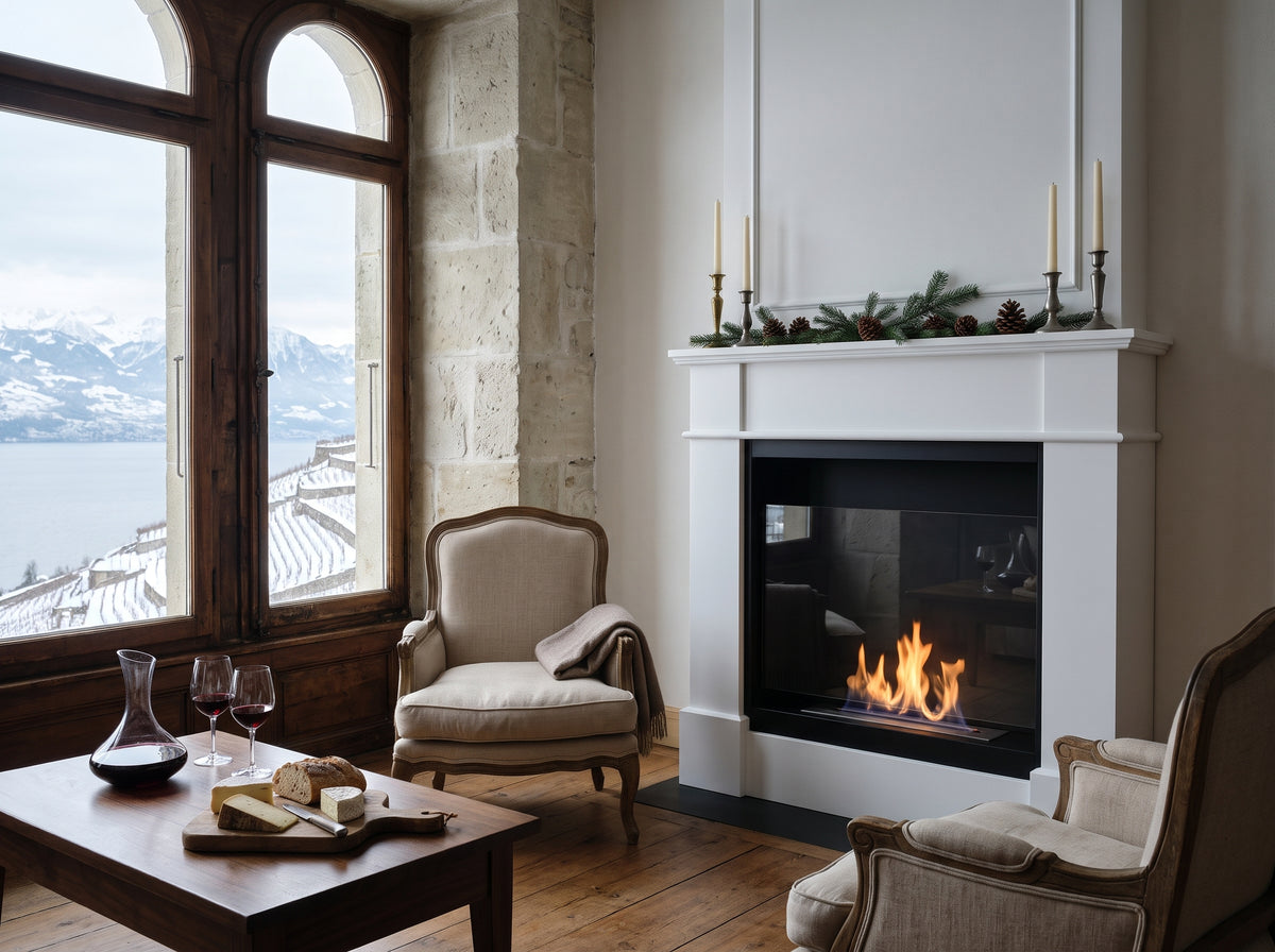 LUMINA Kolosseum Pula – Bioethanol-Portalkamin in einem Château im Lavaux im Winter (Wohnbeispiel, Visualisierung)