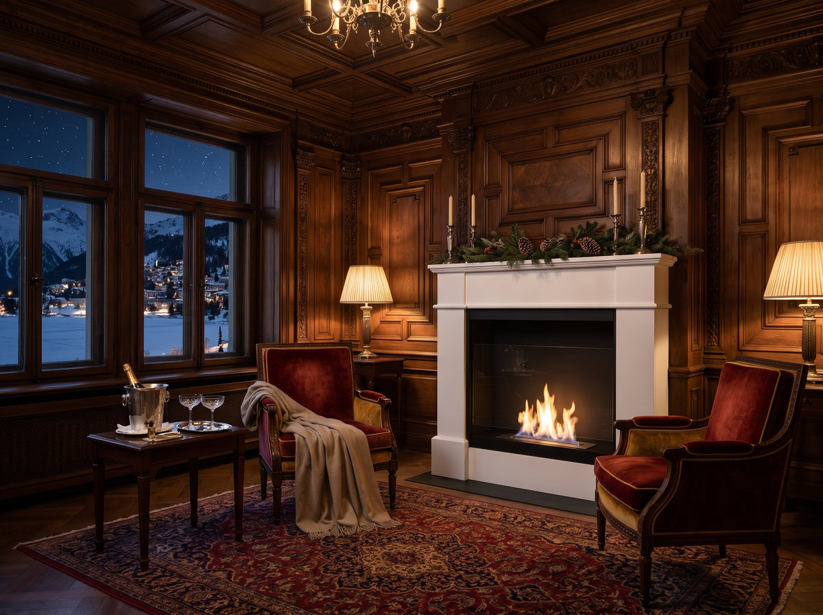 LUMINA Kolosseum Pula – Bioethanol-Portalkamin in einer Grandhotel-Suite in St. Moritz in einer Winternacht (Wohnbeispiel, Visualisierung)