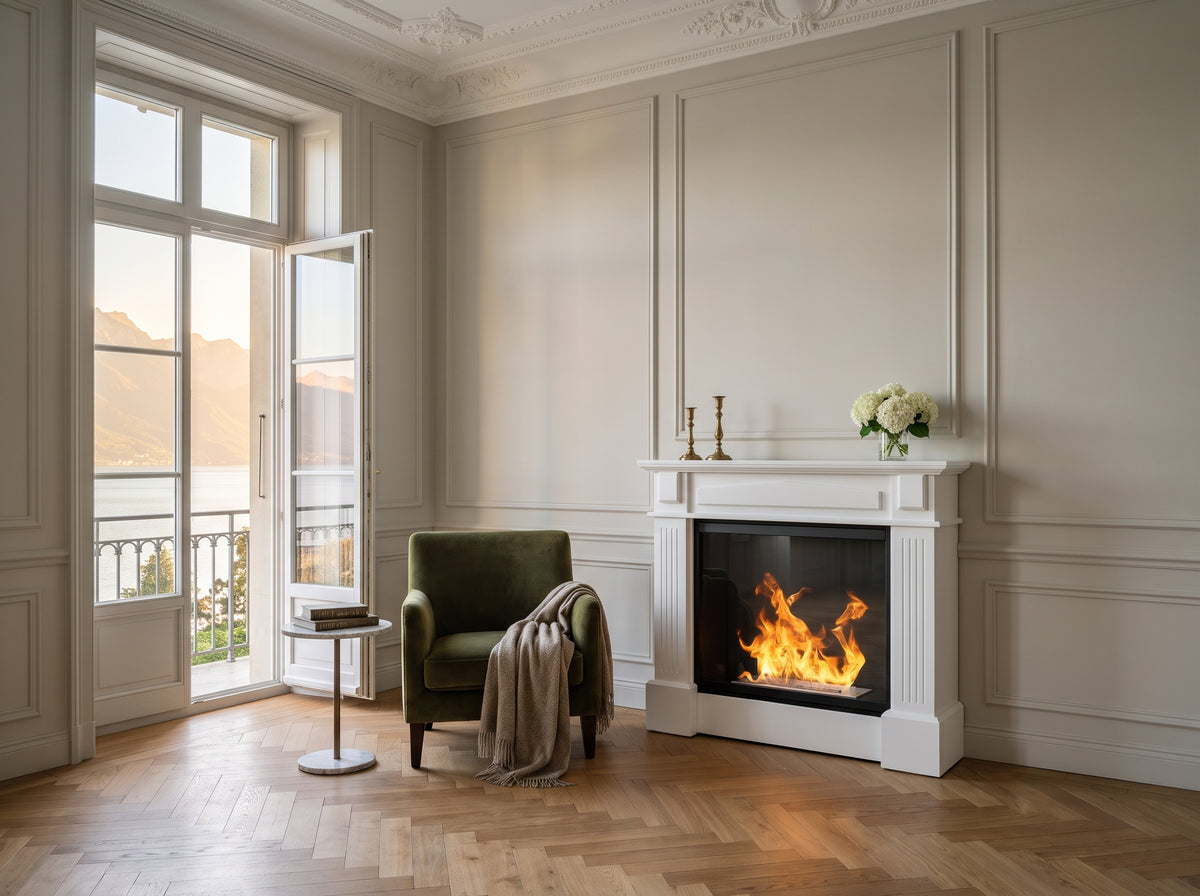 LUMINA Kolosseum Verona – Bioethanol-Portalkamin in einem Salon einer Villa am Genfersee (Wohnbeispiel, Visualisierung)