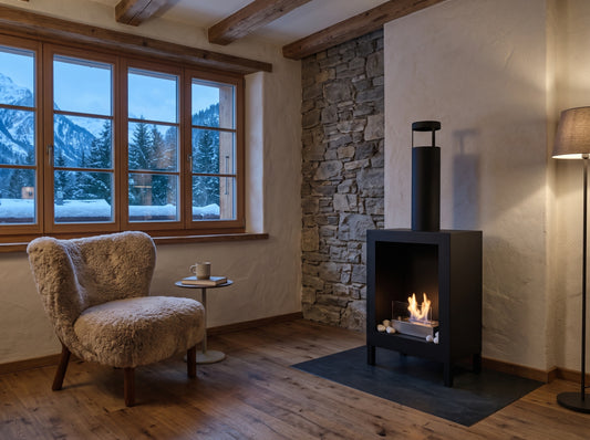 LUMINA Kozen – Freistehender Bioethanol-Kamin in einem Chalet in Kandersteg im Winter (Wohnbeispiel, Visualisierung) – Schwarz matt