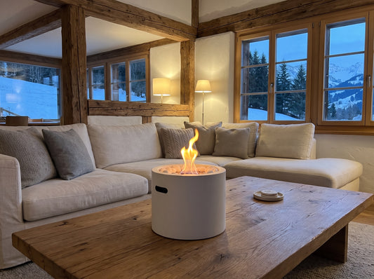LUMINA Moon Mini – Bioethanol-Tischkamin in einem Chalet in Lenk im Winter (Wohnbeispiel, Visualisierung) – Weiss matt