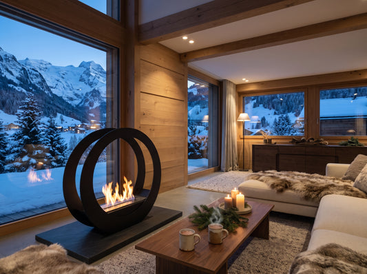 LUMINA Only – Freistehender Bioethanol-Kamin in einem Chalet in Engelberg mit Blick auf den Titlis (Wohnbeispiel, Visualisierung)