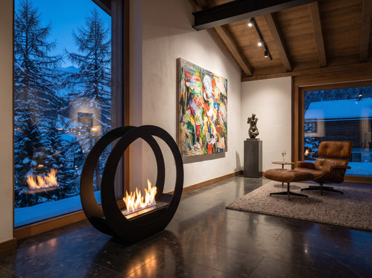 LUMINA Only – Freistehender Bioethanol-Kamin im Chalet eines Kunstsammlers in St. Moritz (Wohnbeispiel, Visualisierung)