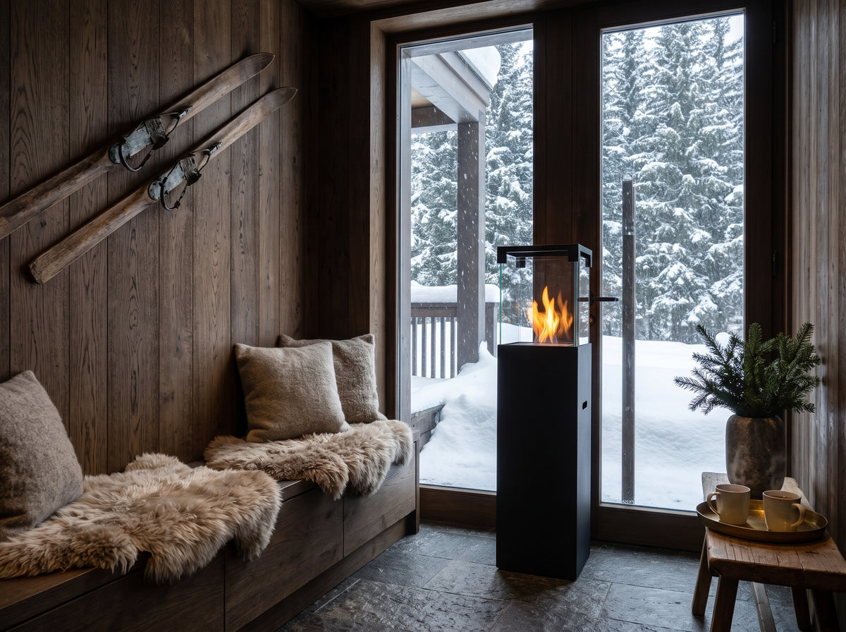 LUMINA Patio – Freistehender Bioethanol-Kamin im Entrée eines Chalets in Davos im Winter (Wohnbeispiel, Visualisierung) – Schwarz matt