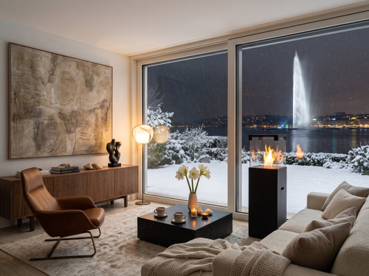 LUMINA Patio – Freistehender Bioethanol-Kamin in einer Seevilla in Genf mit Blick auf den Jet d'Eau (Wohnbeispiel, Visualisierung) – Schwarz matt