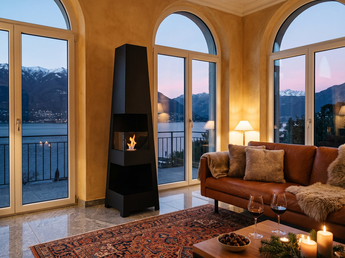 LUMINA Pyramid Garden – Freistehender Bioethanol-Kamin in einer Villa in Ascona am Lago Maggiore im Winter (Wohnbeispiel, Visualisierung)