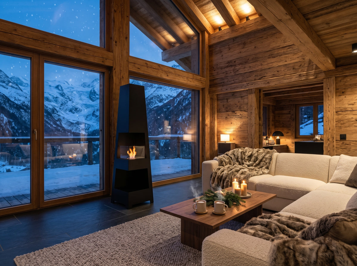 LUMINA Pyramid Garden – Freistehender Bioethanol-Kamin in einem Chalet in Saas-Fee mit Gletscherblick (Wohnbeispiel, Visualisierung)