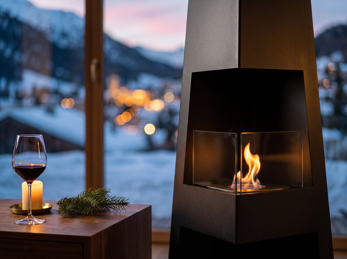 LUMINA Pyramid Garden – Detail mit Flamme in St. Moritz (Wohnbeispiel, Visualisierung)