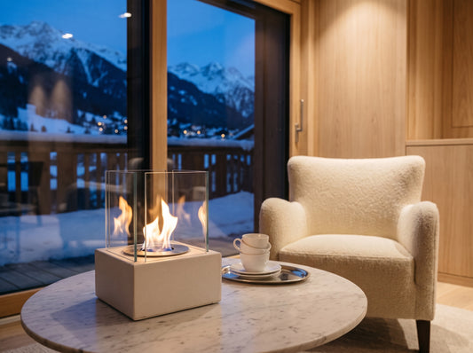 LUMINA Smart – Bioethanol-Tischkamin in einem Chalet in Klosters im Winter (Wohnbeispiel, Visualisierung) – Weiss strukturiert