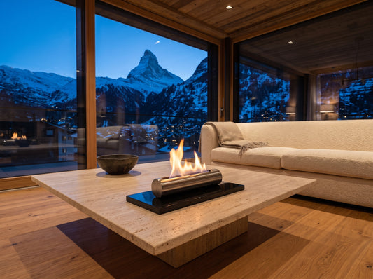 LUMINA Stainless – Bioethanol-Tischkamin in einem Chalet in Zermatt mit Blick aufs Matterhorn (Wohnbeispiel, Visualisierung) – Schwarz glänzend