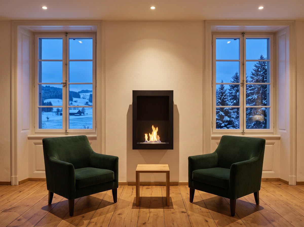 LUMINA Vertical – Bioethanol-Wandkamin in einem Herrenhaus im Emmental im Winter (Wohnbeispiel, Visualisierung)