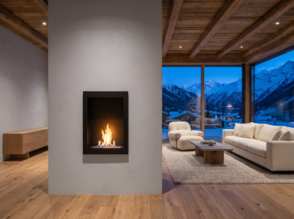 LUMINA Vertical – Bioethanol-Wandkamin in einem Chalet in Saas-Fee im Winter (Wohnbeispiel, Visualisierung)